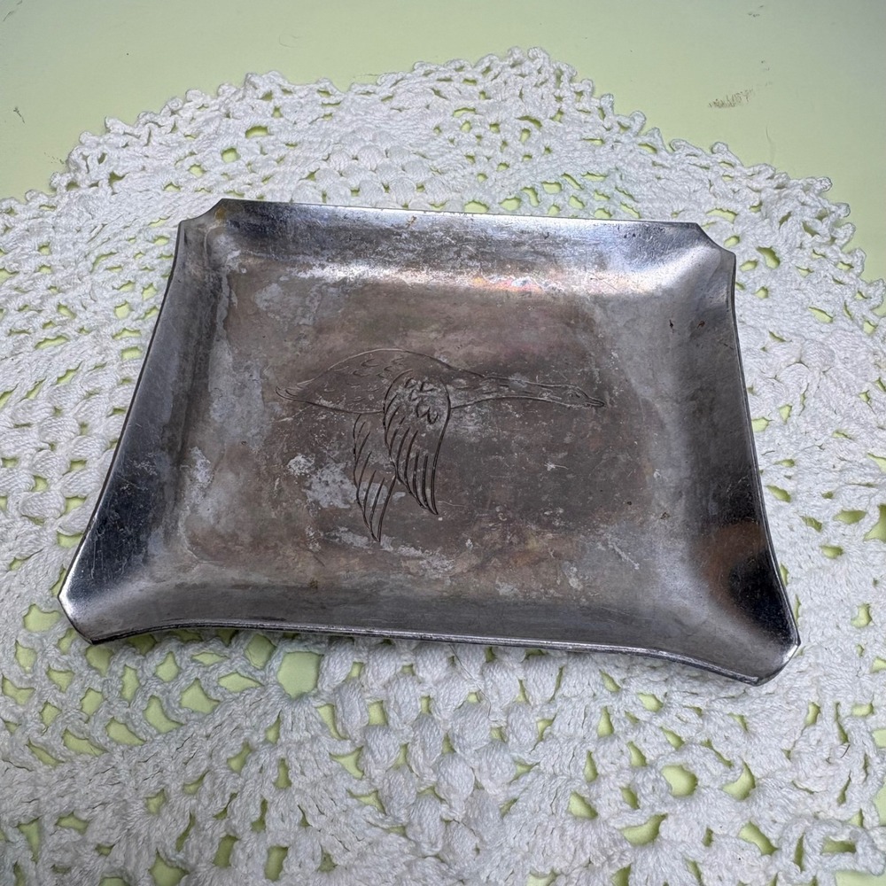 Vintage Unbranded Silver Tone Trinket Tray Bird Etching Cottagecore